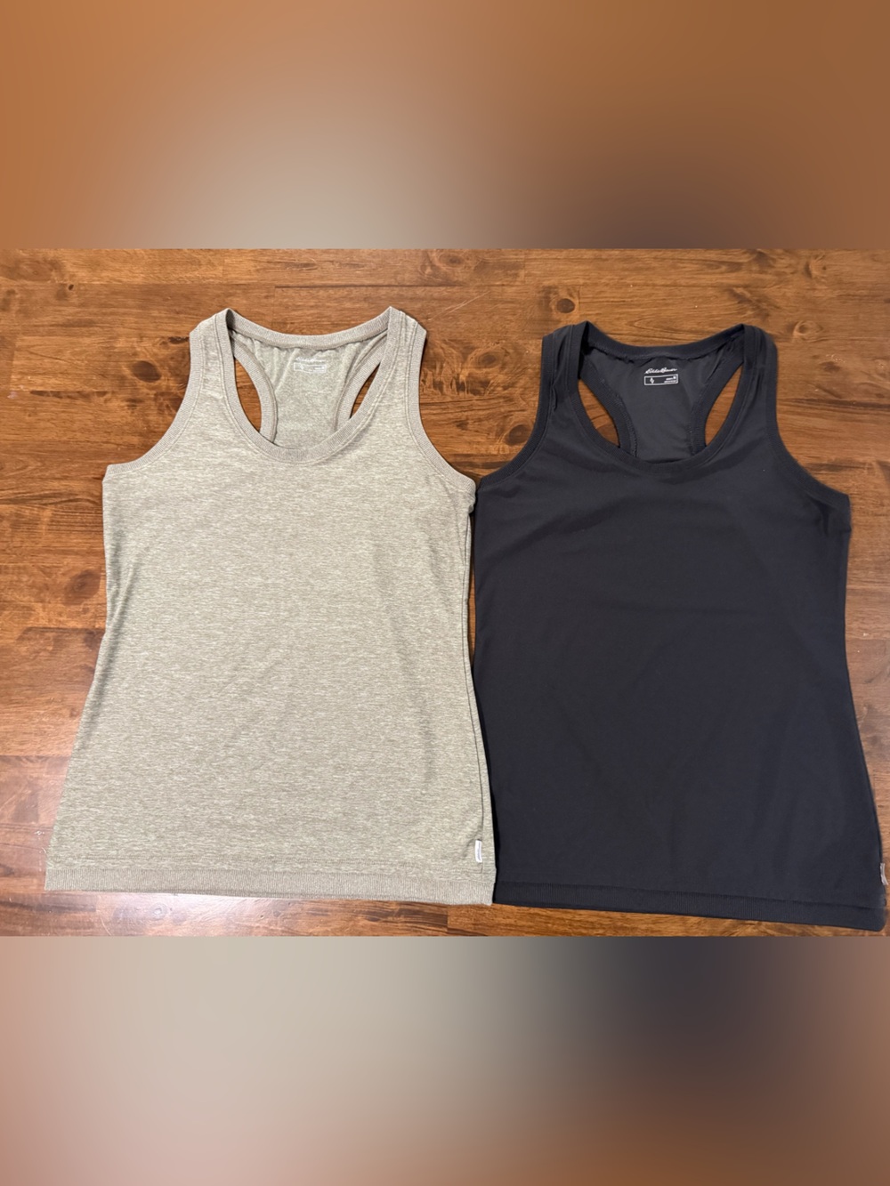 PAIR of Eddie Bauer Women's Racerback Tank Tops - Black & Heather Green Gray